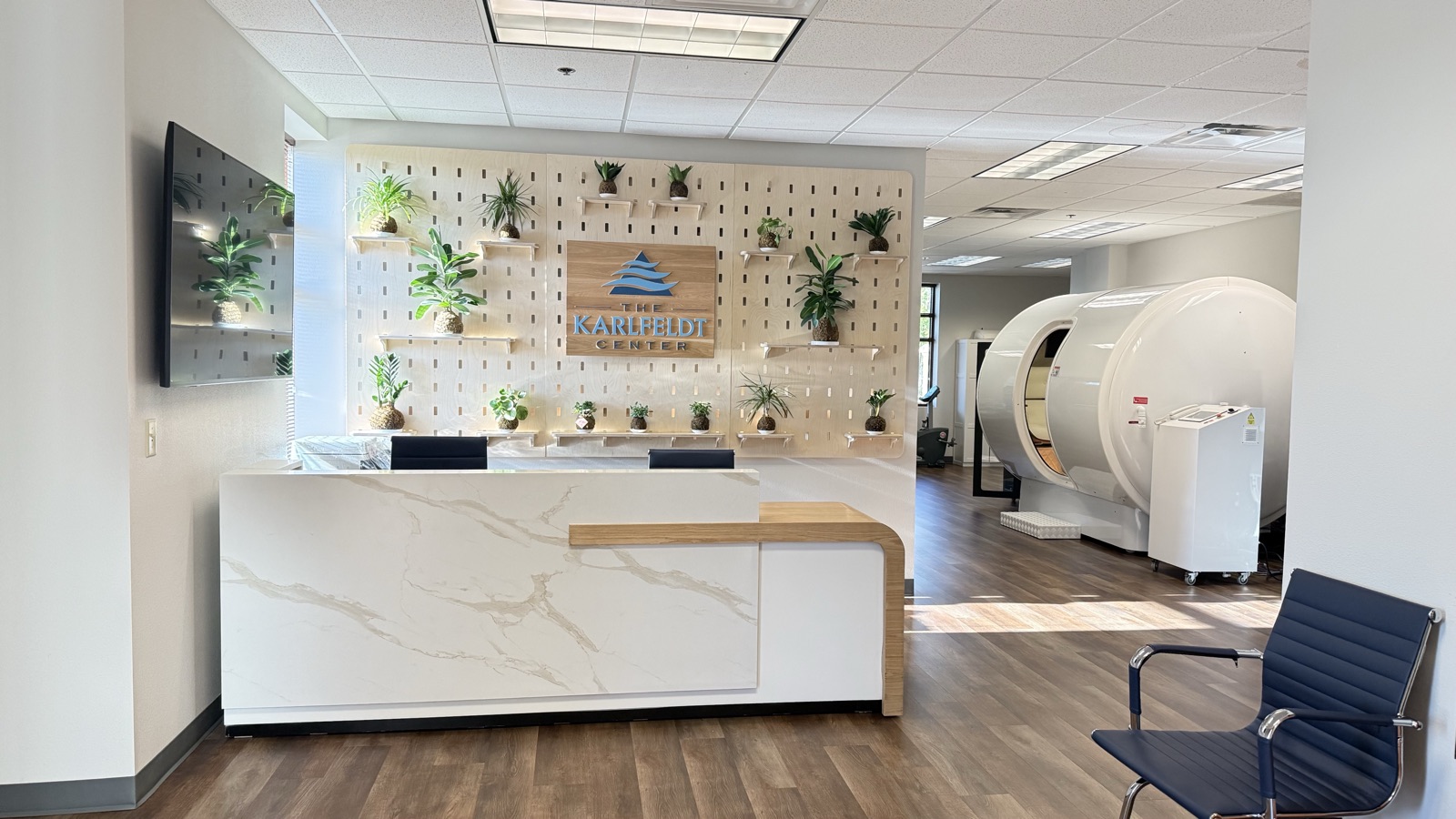 The Karlfeldt Center reception with a kokedama pegboard wall and logo