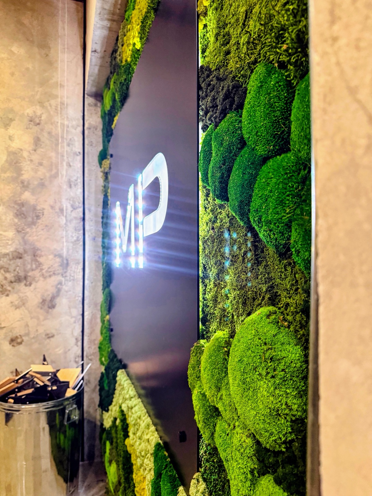Close-up of the lush bun-moss cushions on the Mitchell + Palmer wall